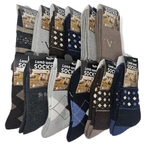Men’s Lamb Wool Crew Socks Warm Winter Soft Assorted Colors, Size 10-13, 12 Pack - Picture 1 of 4